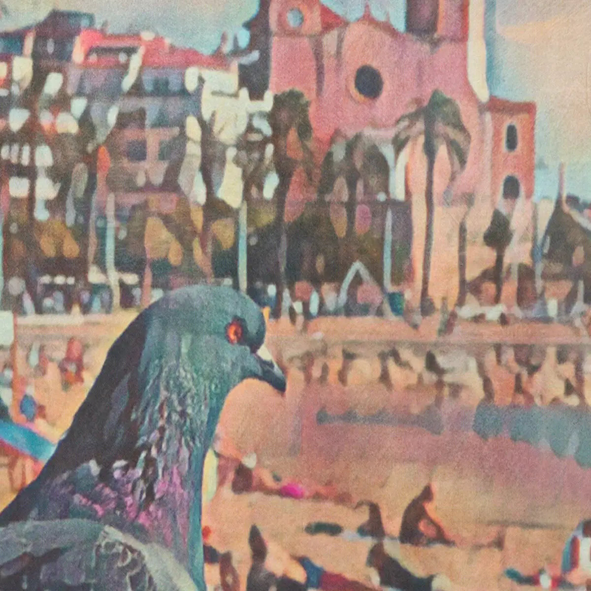 Close-up detail of the Sitges Pigeon poster showing the one-legged pigeon, La Fragata beach and the church of Sant Bartomeu i Santa Tecla