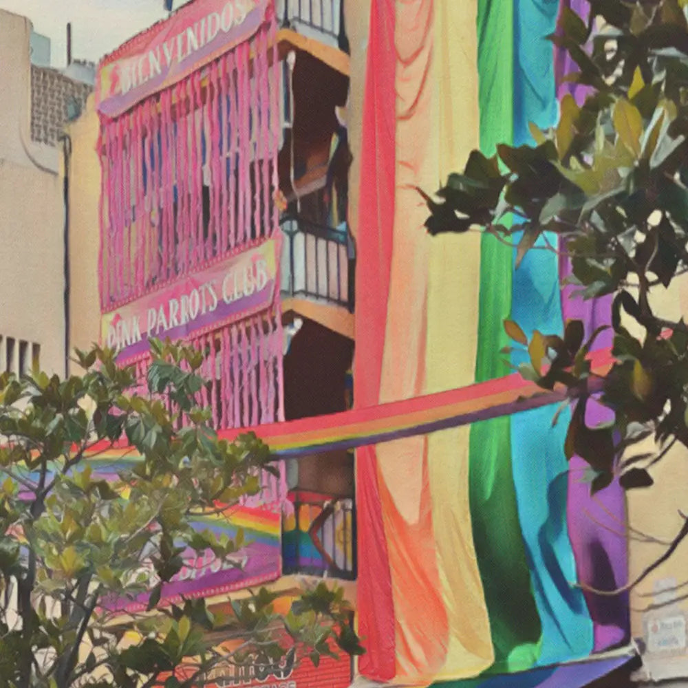 Detail of Sitges Pride artwork with rainbow drape and balconies