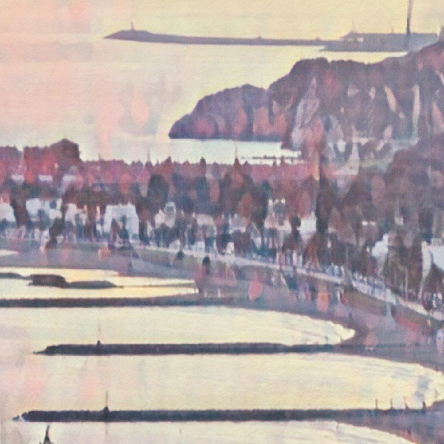 Close-up of Alecse’s Sitges Sunrise poster showing pastel reflections and halftone texture.