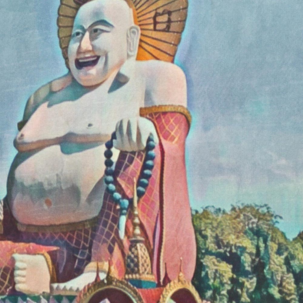 Close-up view of the Koh Samui travel poster, revealing Alecse’s soft-focus details and vintage tones