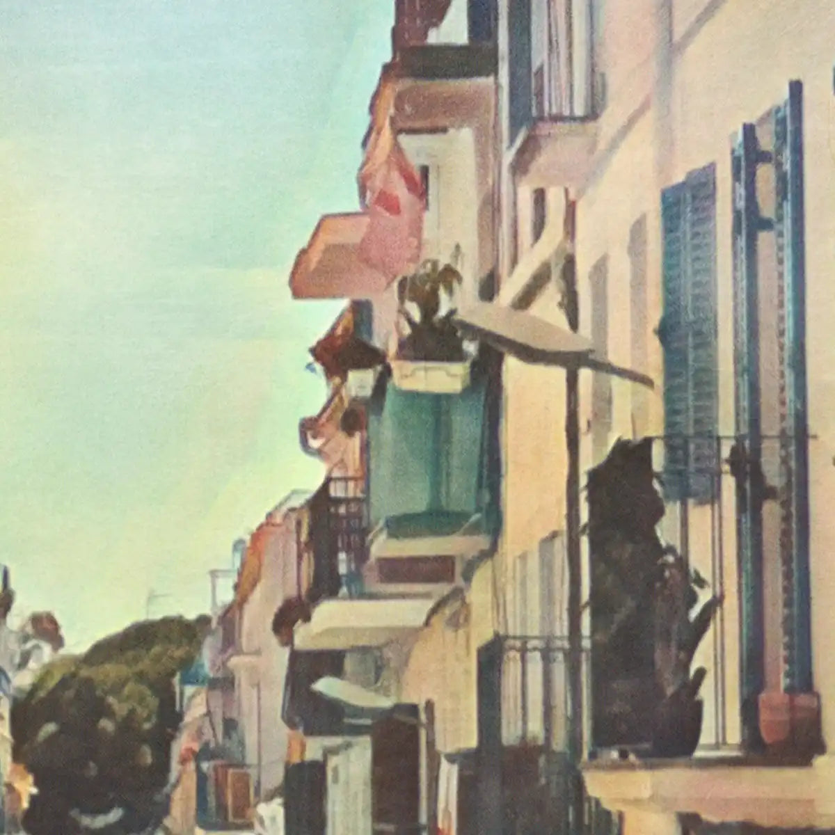 Closeup details of the Sant Sebastia Street Sitges poster showing halftone texture and painted Mediterranean balconies