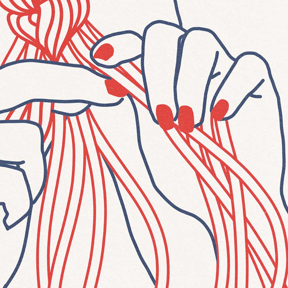 Detailed shot of the braiding process on the ‘Soba Braiding’ art print, emphasizing the minimalist yet striking red and blue design, inspired by South Asian Pop art from the 60s and 70s