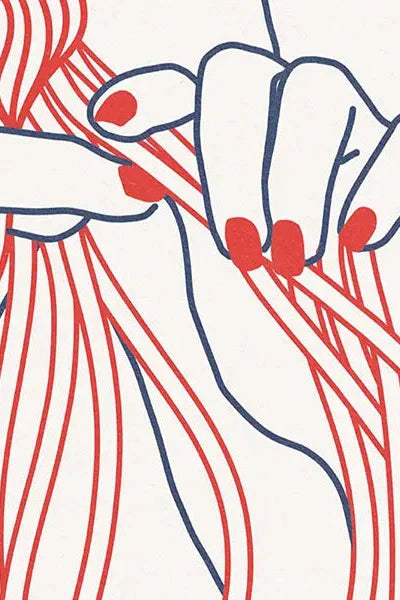 Detailed shot of the braiding process on the ‘Soba Braiding’ art print, emphasizing the minimalist yet striking red and blue design, inspired by South Asian Pop art from the 60s and 70s