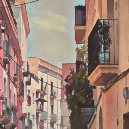 Close-up of Vilanova Major poster showing pastel façades, balconies and sunlight with visible halftone vintage texture.