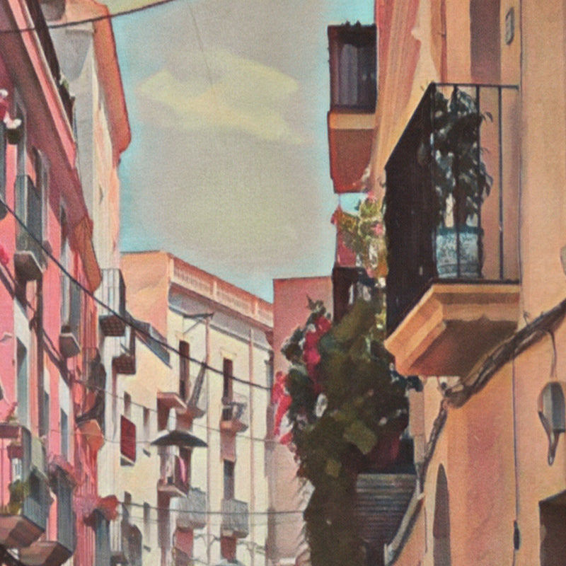 Close-up of Vilanova Major poster showing pastel façades, balconies and sunlight with visible halftone vintage texture.