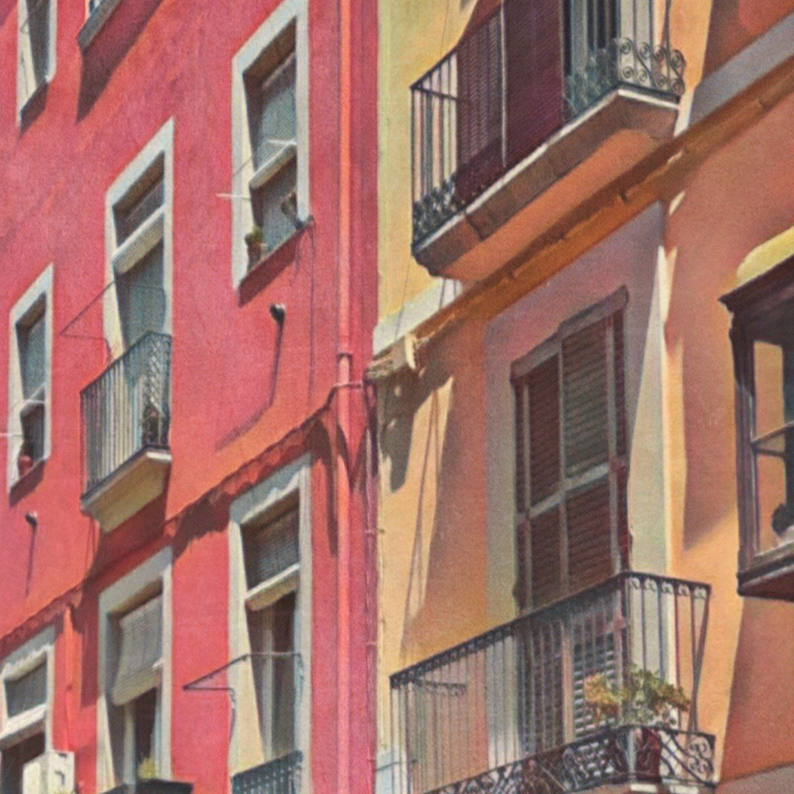 Close-up detail of the Plaça Llarga Vilanova poster revealing pastel textures, balconies and Alecse’s halftone fine-art printing effect.