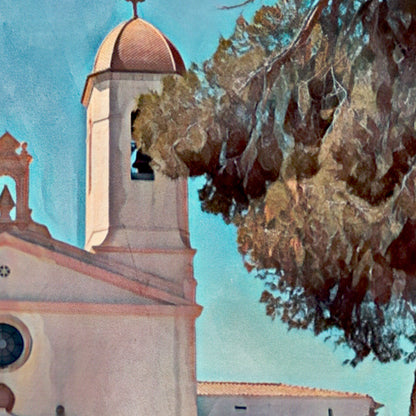 Close-up of Alecse’s Vinyet Sitges poster showing the church façade and bell tower in vintage halftone style.
