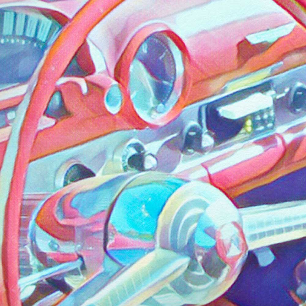 Detail of the half-tone rendering in Alecse's Thunderbird poster, capturing the essence of vintage American automotive design