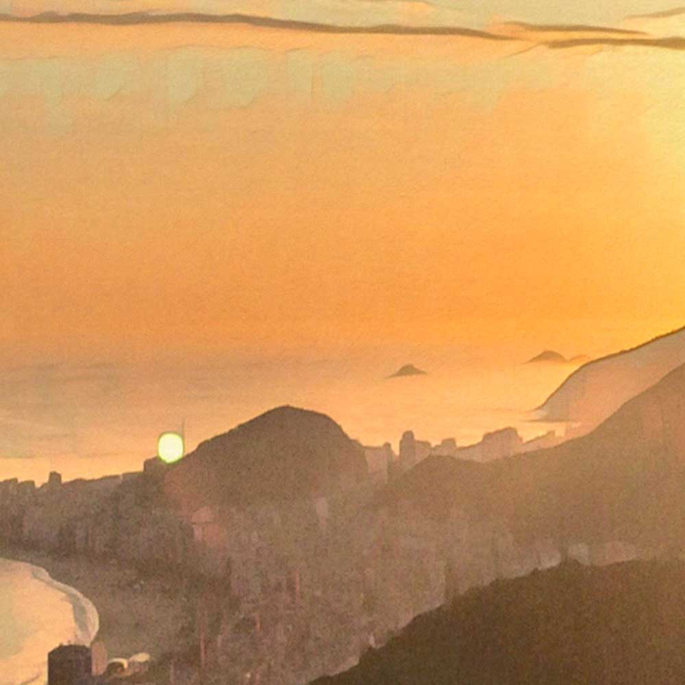 Detail shot of Alecse's 'Rio Sunset' poster, showcasing the unique vintage print technique and the warmth of Rio's evening glow