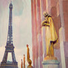 Close-up view of the Paris Trocadéro travel poster, highlighting the golden statues and Alecse’s signature artistic style