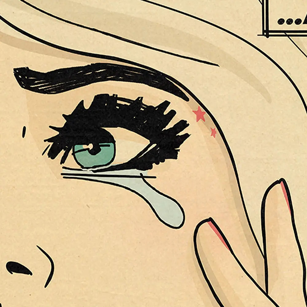 Detail of crying girl’s eye from Out of Snacks poster – retro comic-style pop art by Cha