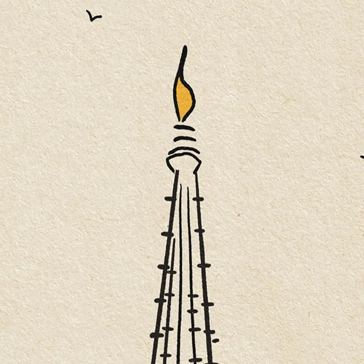 Detail of Barcelona Cathedral poster by Cha, featuring the cathedral spire and textured art paper.