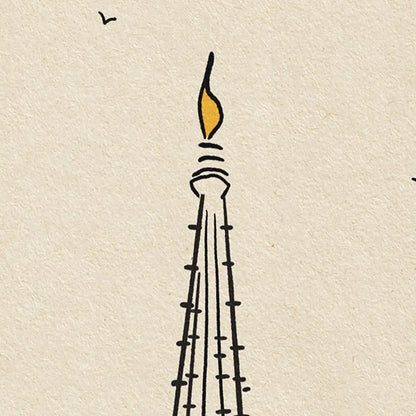 Detail of Barcelona Cathedral poster by Cha, featuring the cathedral spire and textured art paper.
