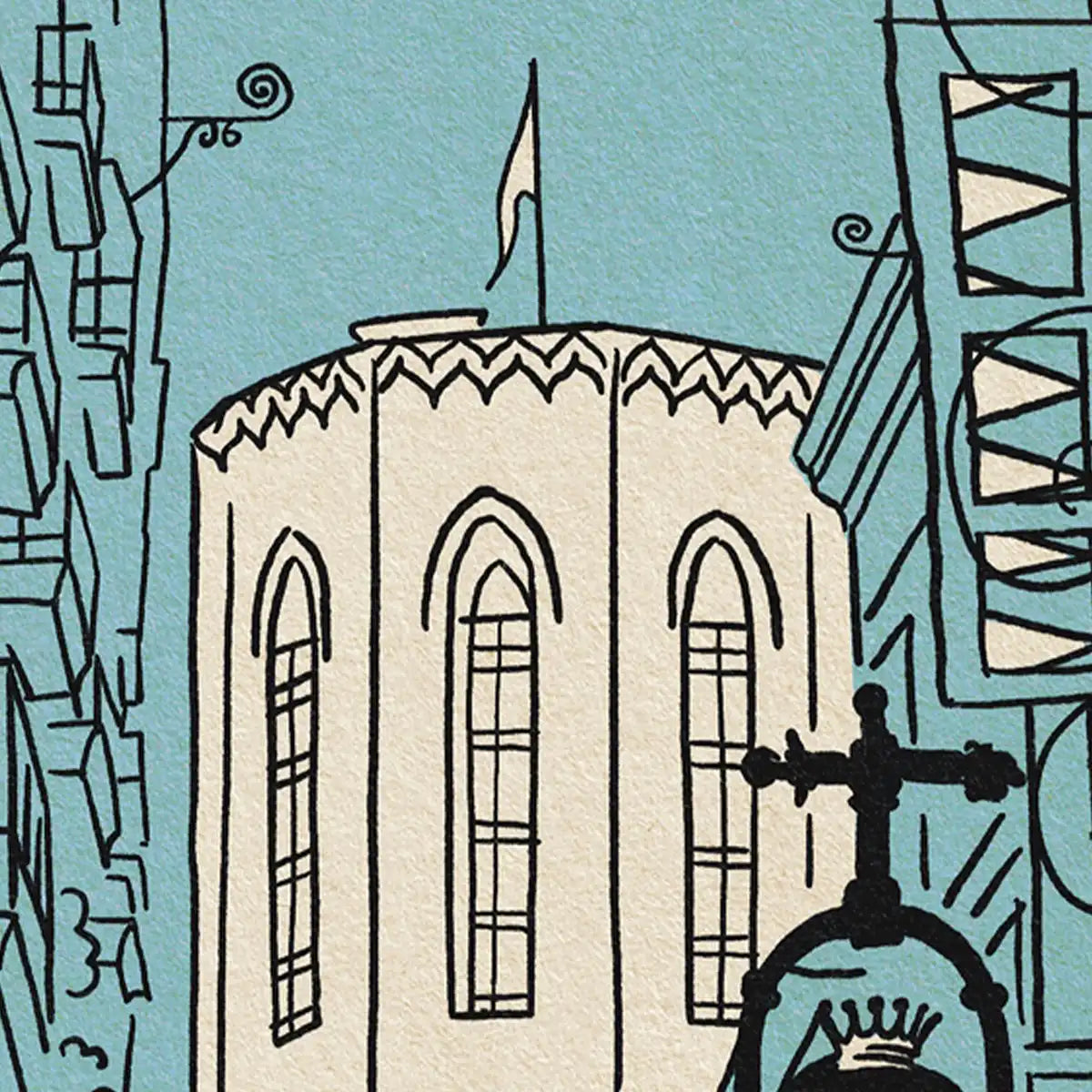 Detail of Santa Maria del Pi poster by Cha, featuring the Gothic basilica and turquoise streets of Barcelona’s old city.