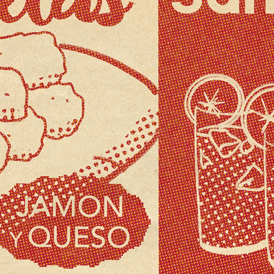 Close-up detail of Spanish tapas poster featuring croquetas and sangria illustrations with vintage menu-style layout and grainy print texture