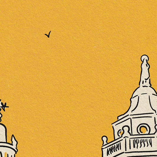 Sitges Church City Lines poster detail showing fine line drawing of church towers and palm trees on warm yellow background