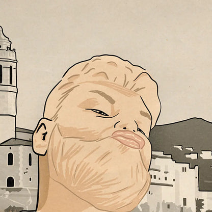 Detail of “Selfie” retro pop art poster by Cha showing a close-up of the character’s pouty lips and confident stare, Sitges church in background