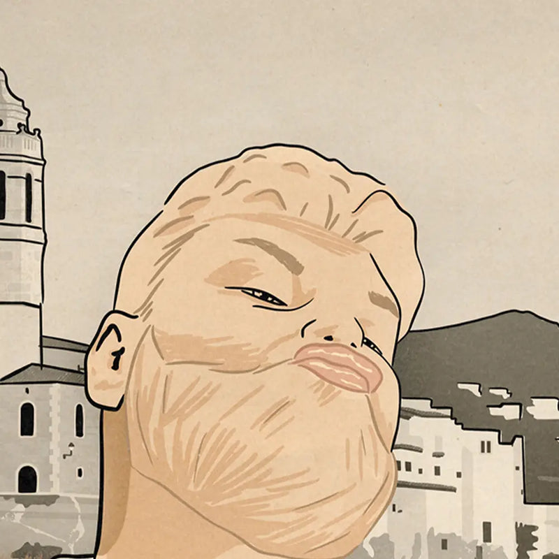 Detail of “Selfie” retro pop art poster by Cha showing a close-up of the character’s pouty lips and confident stare, Sitges church in background