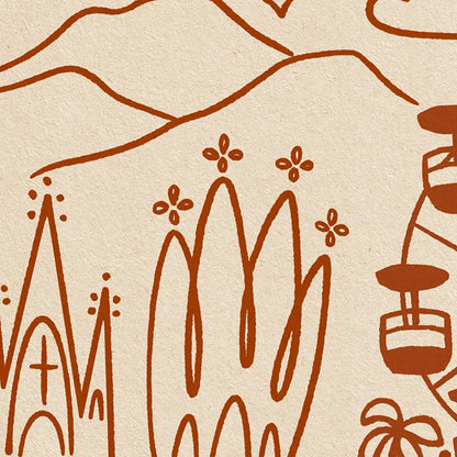 Close up of Montjuïc Barcelona travel poster featuring cable cars, Sagrada Família and hand drawn Mediterranean details