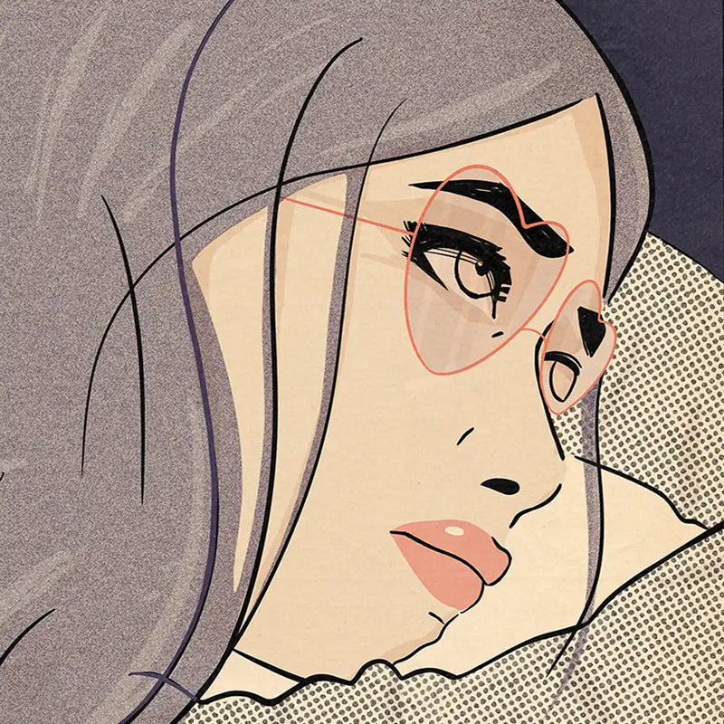 Close-up of “Cute” pop art poster by Cha from Soft Pop Studio™, showing dramatic girl with heart-shaped glasses in retro comic style