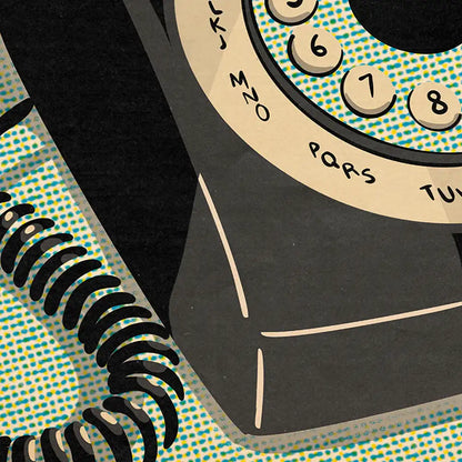 Close-up of “Texting” retro pop art poster by Cha, showing rotary dial phone with vintage halftone textures from the Soft Pop Studio™ collection
