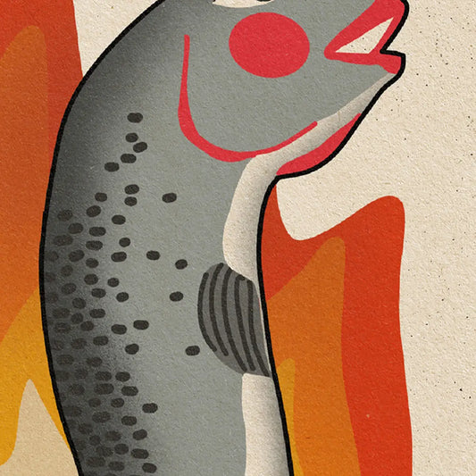 Close-up of La Sardina retro poster showing stylized fish illustration with vintage paper texture and Mediterranean color palette