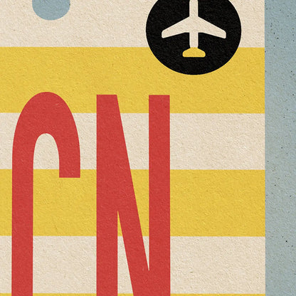 Close-up of El Mundo Barcelona retro poster showing BCN typography airport icon and vintage textured color palette
