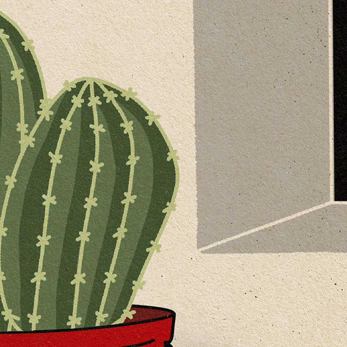 Close-up of La Maceta poster showing stylized cactus illustration with textured vintage paper effect and Mediterranean color palette
