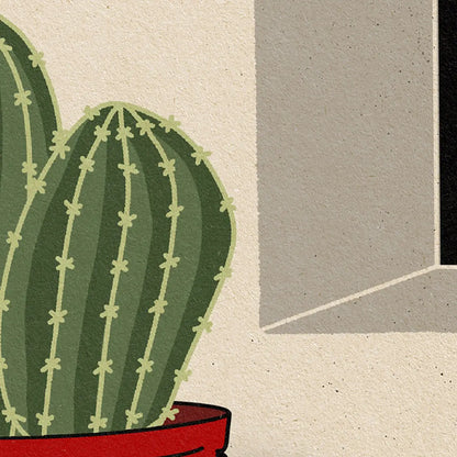 Close-up of La Maceta poster showing stylized cactus illustration with textured vintage paper effect and Mediterranean color palette