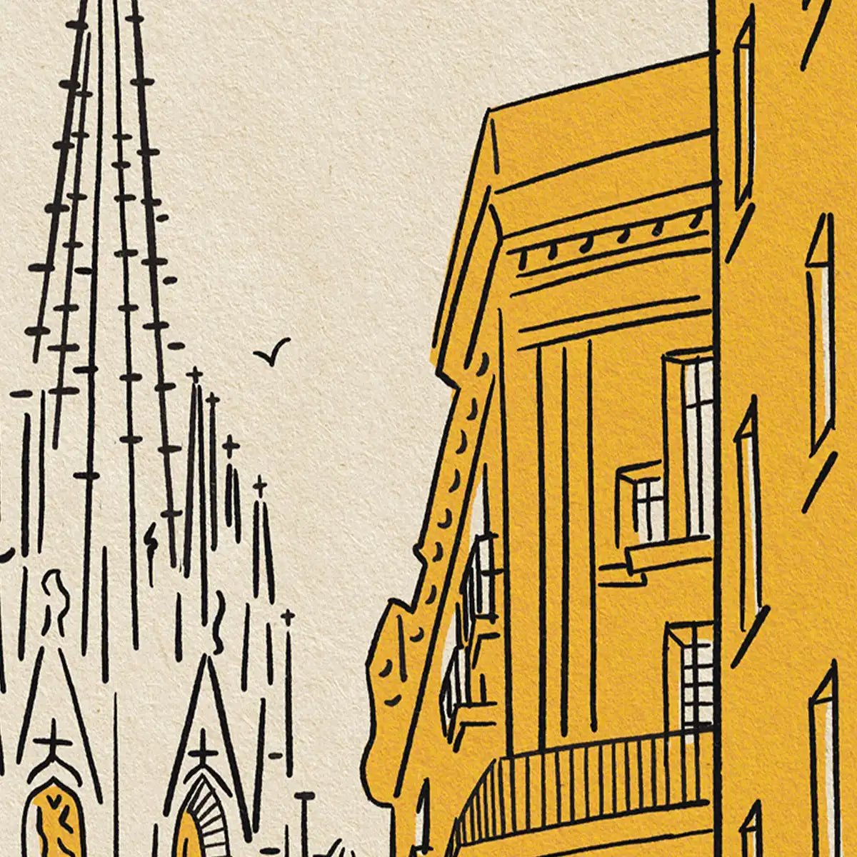 Close-up of Barcelona Cathedral poster by Cha, showing the Gothic spires and surrounding golden façades.