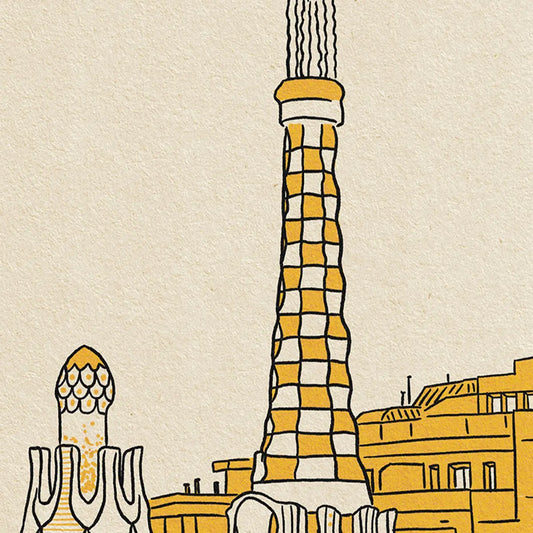 Barcelona Park Güell City Lines poster detail showing mosaic tower and organic Gaudí forms in clean line illustration