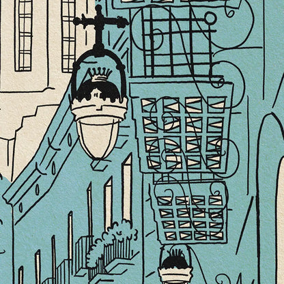 Close-up of Santa Maria del Pi Barcelona poster by Cha, showing Gothic architecture, street lamps and textured art paper.