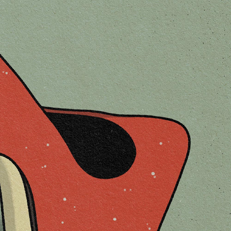 Detailed view of the La Bota poster, showcasing the glittering red heel, elegant curves, and minimalist background.