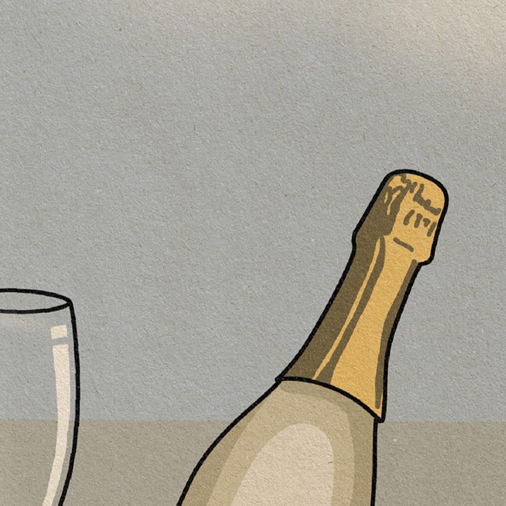 Detailed view of the La Botella poster, showcasing elegant cava glasses, golden bottle, and soft Mediterranean tones.