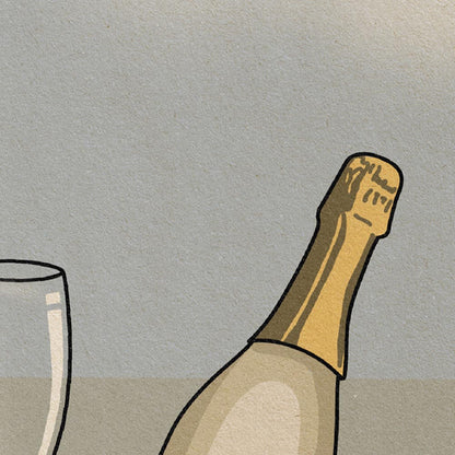 Detailed view of the La Botella poster, showcasing elegant cava glasses, golden bottle, and soft Mediterranean tones.