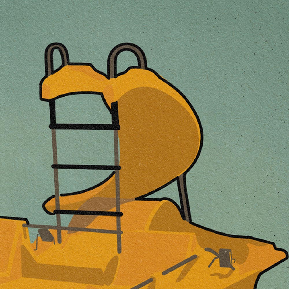 Detailed view of the La Chalupa poster, showcasing the bold yellow pedal boat, seafoam background, and minimalist design.