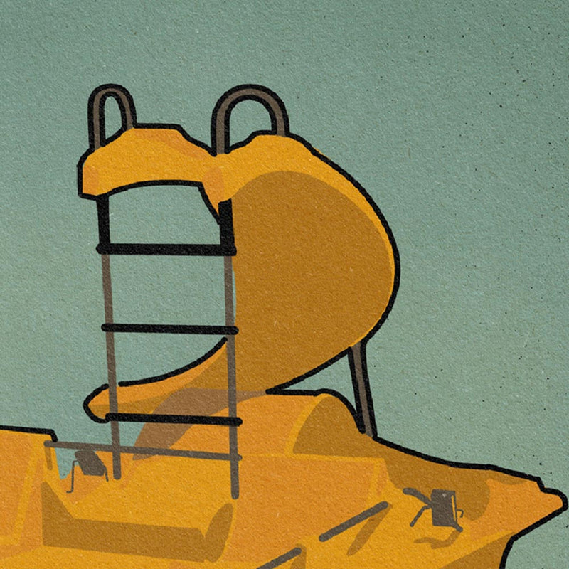 Detailed view of the La Chalupa poster, showcasing the bold yellow pedal boat, seafoam background, and minimalist design.