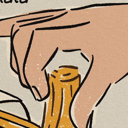 Close-up of Xurros amb Xocolata poster by Cha showing a churro being dipped into thick hot chocolate.