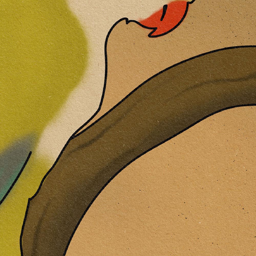 Detailed view of El Cotorro’s striking green and turquoise feathers, showcasing the retro texture and fine lines of this minimalist wildlife-inspired print.