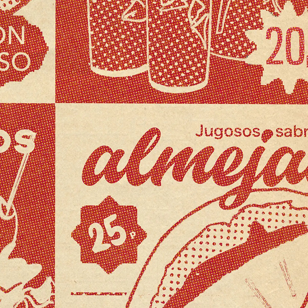 Close-up of Spanish tapas poster showing “almejas” seafood illustration with textured vintage print effect and retro typography details