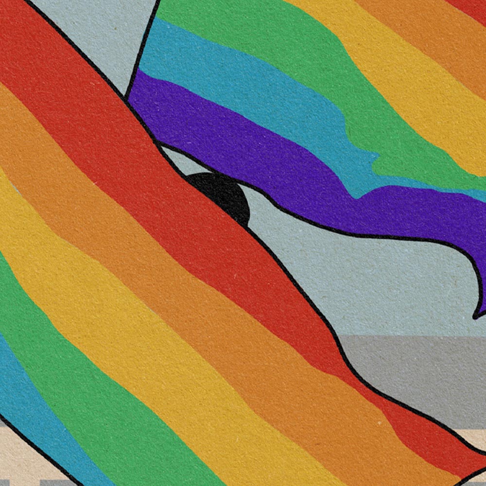 Detailed view of the La Pride poster, showcasing bold rainbow flags, warm Mediterranean tones, and minimalist design.