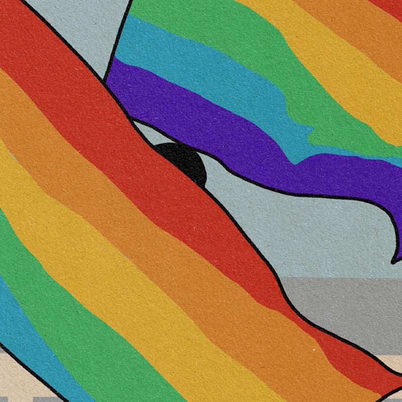 Detailed view of the La Pride poster, showcasing bold rainbow flags, warm Mediterranean tones, and minimalist design.