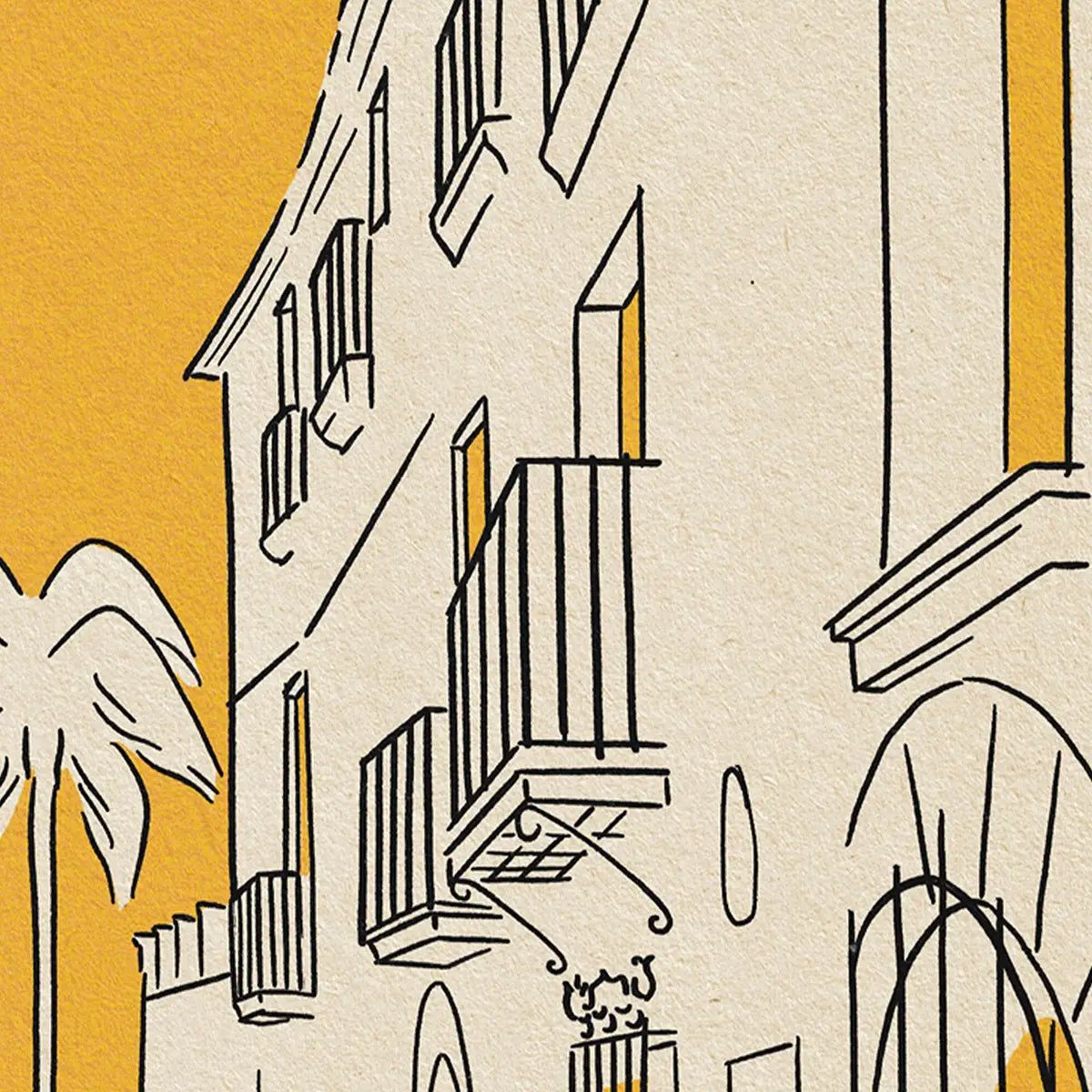 Detail of Carrer de la Carreta Sitges poster showing traditional Catalan balconies façades and elegant architectural linework in minimalist style