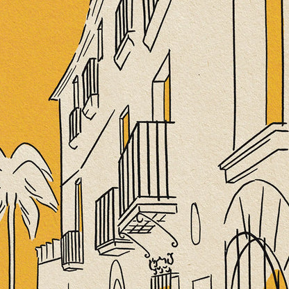 Detail of Carrer de la Carreta Sitges poster showing traditional Catalan balconies façades and elegant architectural linework in minimalist style