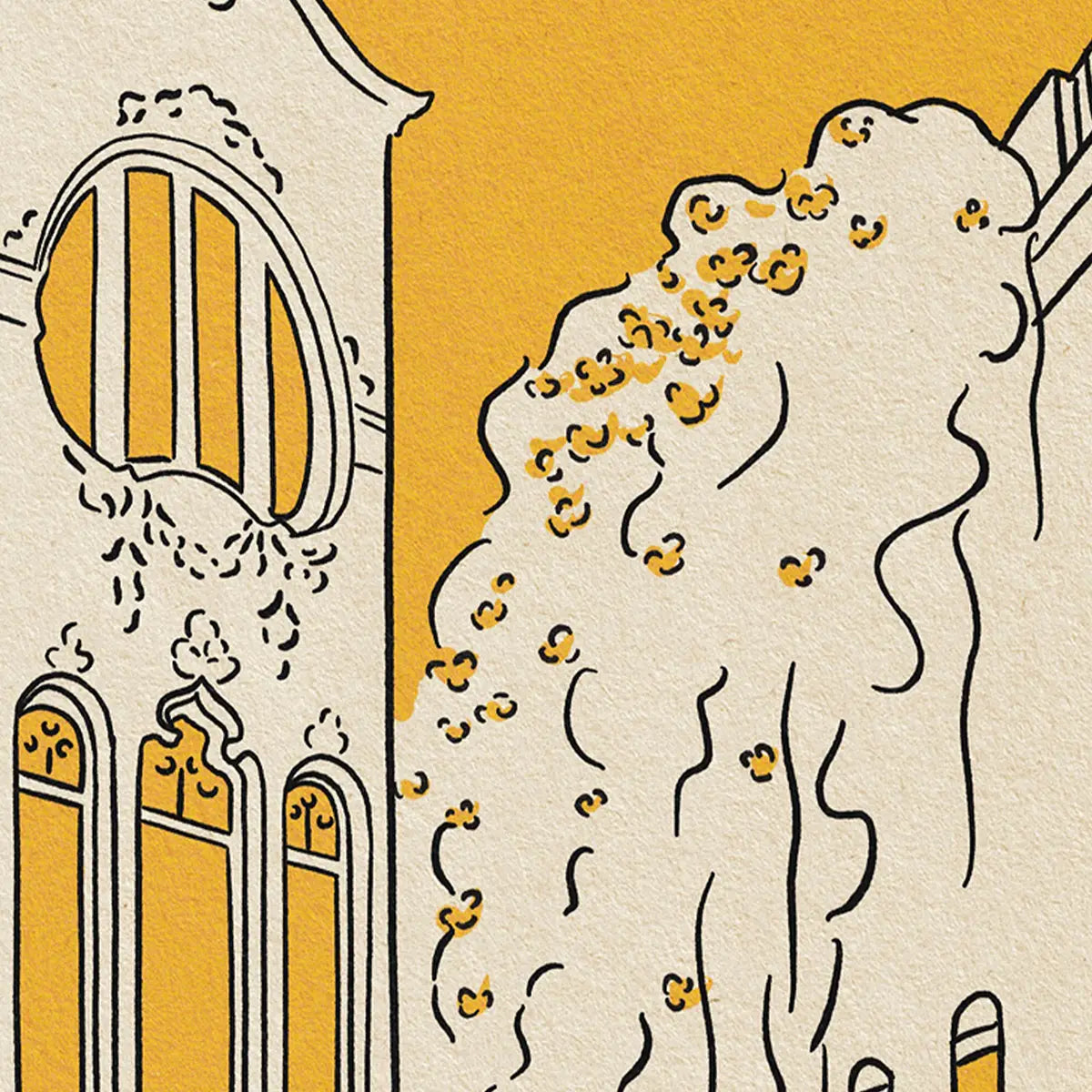 Detail of Sitges Cuba Street poster showing Art Nouveau curves decorative windows and flowering Mediterranean façade illustration