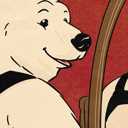 Detail from “Big Bear” pop art poster by Cha, showing a happy cartoon bear in a black harness smiling at himself in the mirror