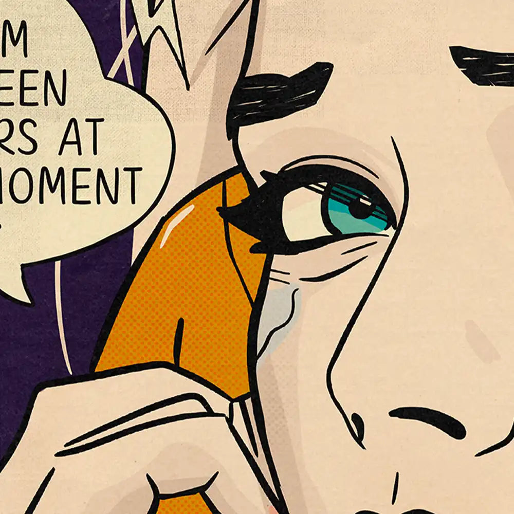 Close-up of “Loser” pop art poster by Cha with vintage halftone texture, emotional expression and heart-shaped tear under the eye
