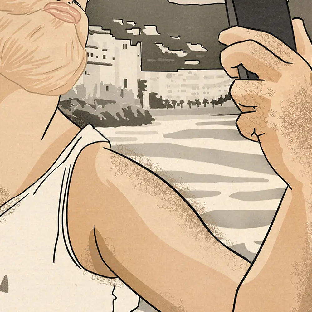 Close-up of “Selfie” pop art poster by Cha showing a confident bearded man holding a phone in front of Sitges beach, in retro comic style