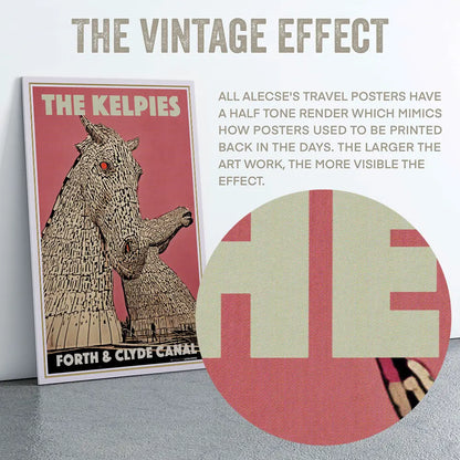 Macro close-up on halftone texture of The Kelpies collector poster – vintage effect mimicking mid-century printing technique