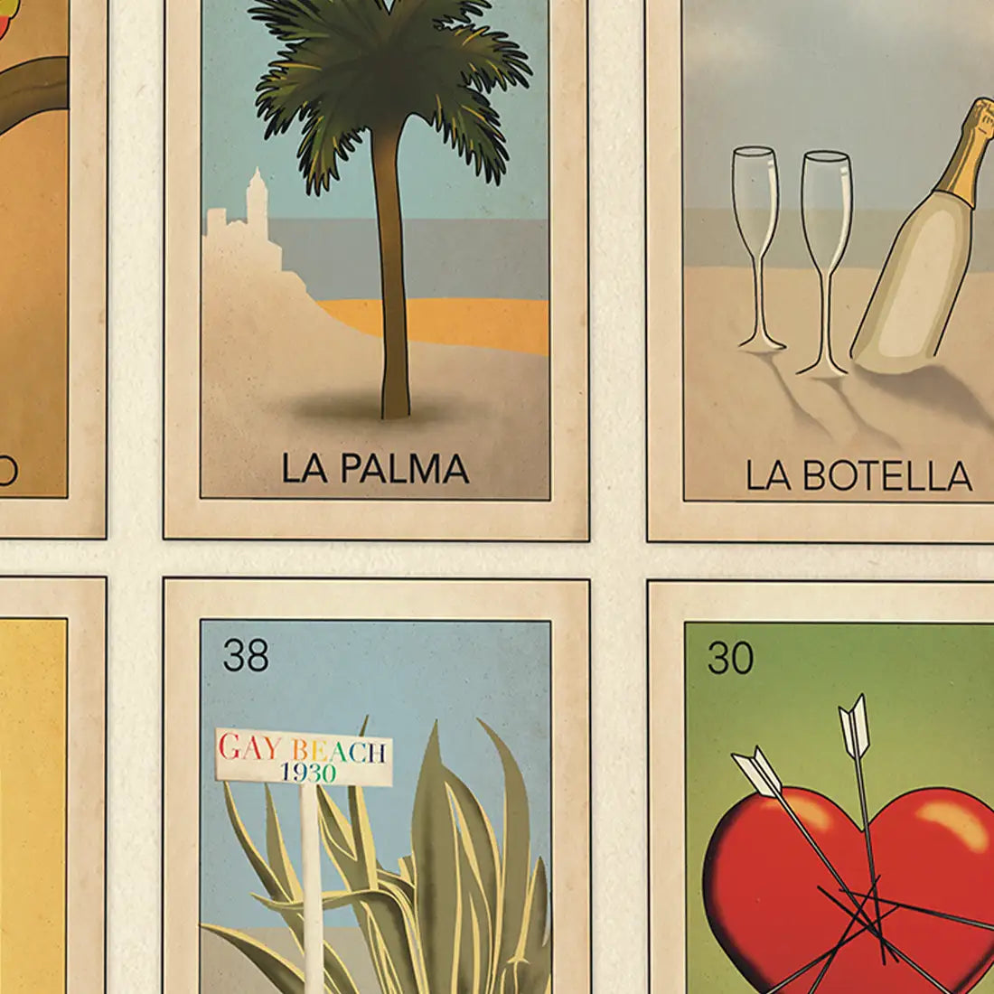 Close-up of 'Loteria Sitgetana Verano' poster, showing detailed illustrations of the Sitges-themed Loteria cards including La Palma, La Botella, and El Nopal